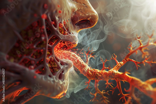 Close-up of a color image depicting the inflammation and obstruction in the airway during a bronchitis flare-up 