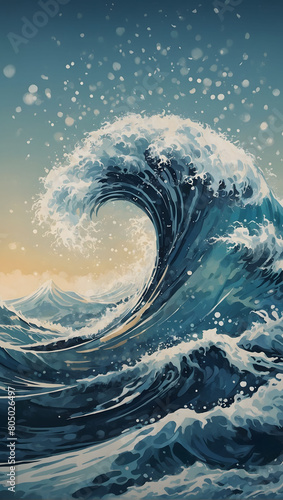 Epic Swell, Transform Your Space with an Illustration Wallpaper Inspired by Japanese Art, Showcasing the Magnificent Form of a Great Wave Rolling Across the Ocean.