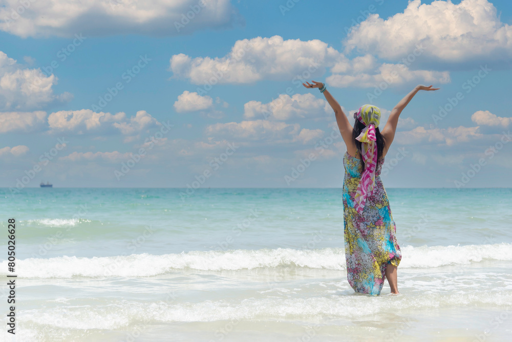 young attractive happy woman by sea beach sunny summer fashion style. Travel summer vacations young attractive happy woman by sea beach sunny summer fashion style. Travel summer vacations