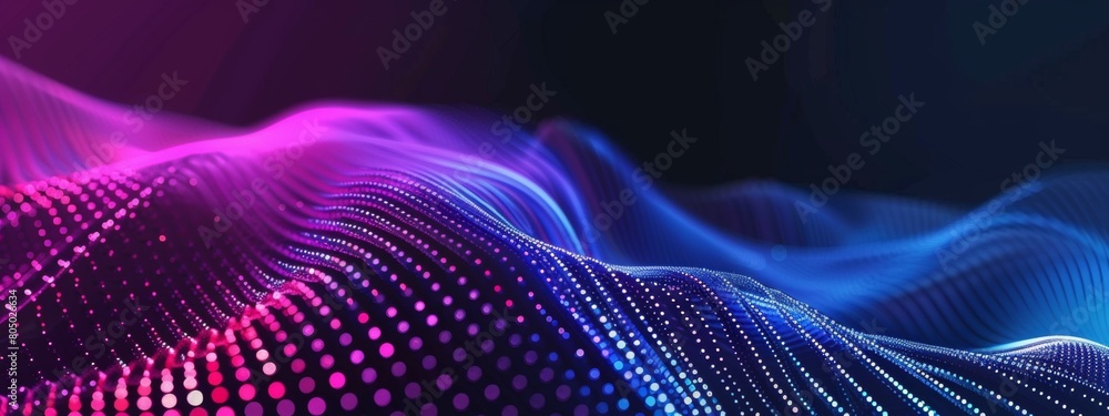 Abstract background with black gradient and blue purple glowing dots on dark wave pattern for digital technology, science or futuristic concept design banner. Abstract background with black gradient and blue purple glowing dots on dark wave pattern for digital technology, science or futuristic concept design banner.