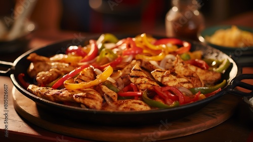 A plate of savory chicken fajitas served sizzling hot from the skillet  with tender strips of chicken  saut  C ed peppers and onions  and warm tortillas on the side.