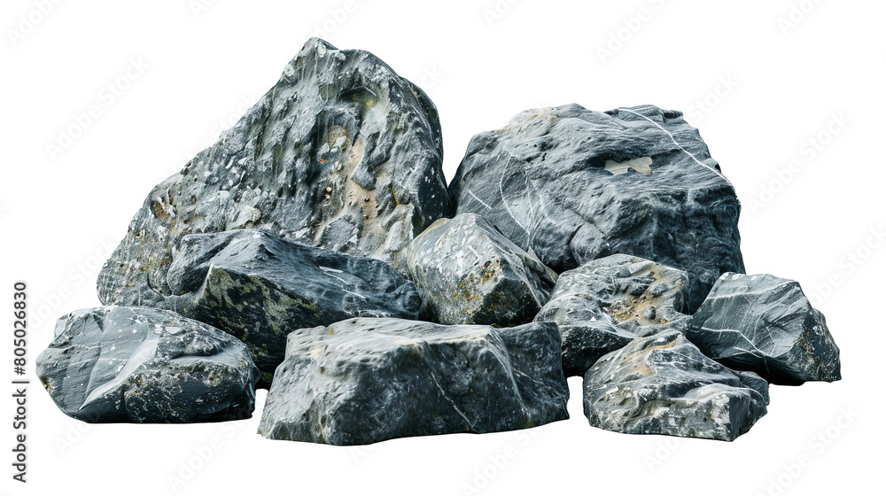 A collection of various-sized gray rocks with marbled patterns, set against a clean, plain white background, displaying natural textures and geological diversity.