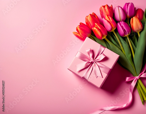 Mother's day concept. A bouquet of pink tulips and a gift box on a pink background © Ahmad