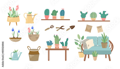 Balcony gardening tool set. Vector illustration of garden elements, spade, pitchfork,  plants, watering can, grass,  rattan sofa, hyacinth, lavender.  Flat style.