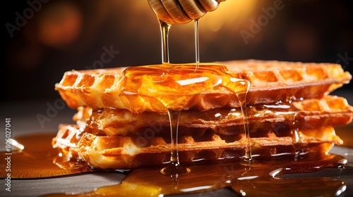 Close-up of honey being drizzled over a stack of waffles