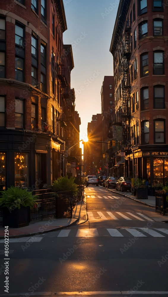 Evening Elegance, Witness the Quiet Charm of SoHo District, New York, as the Sun Sets and an Empty Street Basks in the Warm Glow of Twilight.