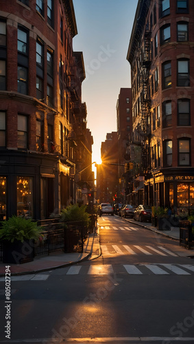 Evening Elegance  Witness the Quiet Charm of SoHo District  New York  as the Sun Sets and an Empty Street Basks in the Warm Glow of Twilight.