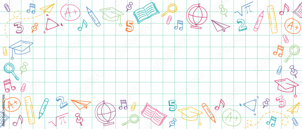 Fototapeta premium Welcome Back to school Horizontal banner, doodle on checkered paper background, vector illustration. Colorful Scribbles on notebook sheet. Vector illustration in linear style