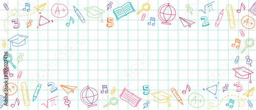 Welcome Back to school Horizontal banner, doodle on checkered paper background, vector illustration. Colorful Scribbles on  notebook sheet. Vector illustration in linear style
