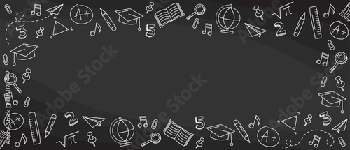 Back to school drawing background on blackboard. Doodle Background with hand drawn school supplies. School Elements on chalkboard. Drawing with chalks on a blackboard. Banner design.