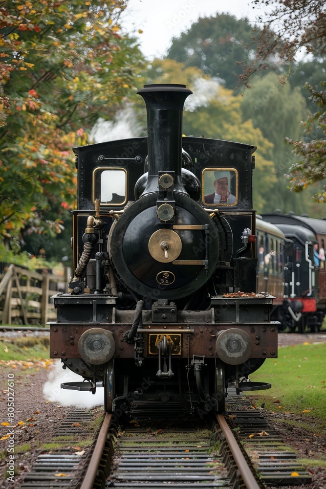 A historic steam locomotive on display at a railway heritage site