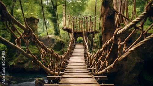 Exciting rope bridges connecting treetop platforms in an enchanted forest play area photo