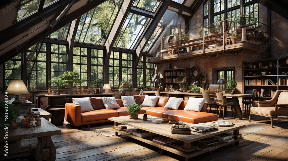 Interior Design,a perspective of a creative loft, large windows with natural light, industrial ceiling, modern furniture, skylight Interior Design,a perspective of a creative loft, large windows with natural light, industrial ceiling, modern furniture, skylight