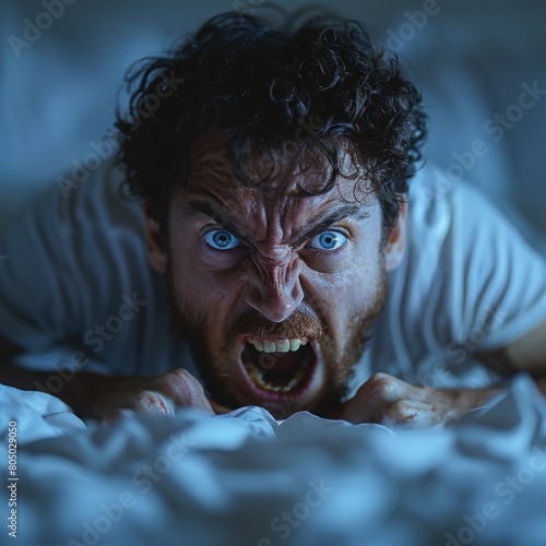 A person screams of stress, insomnia, anger and full of inner stress in his life, venting his frustration, with a gloomy and angry expression on his face.