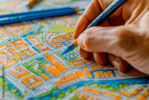 Close-up of a hand drawing a sustainable urban development plan on a canvas, global economic zones marked   photo