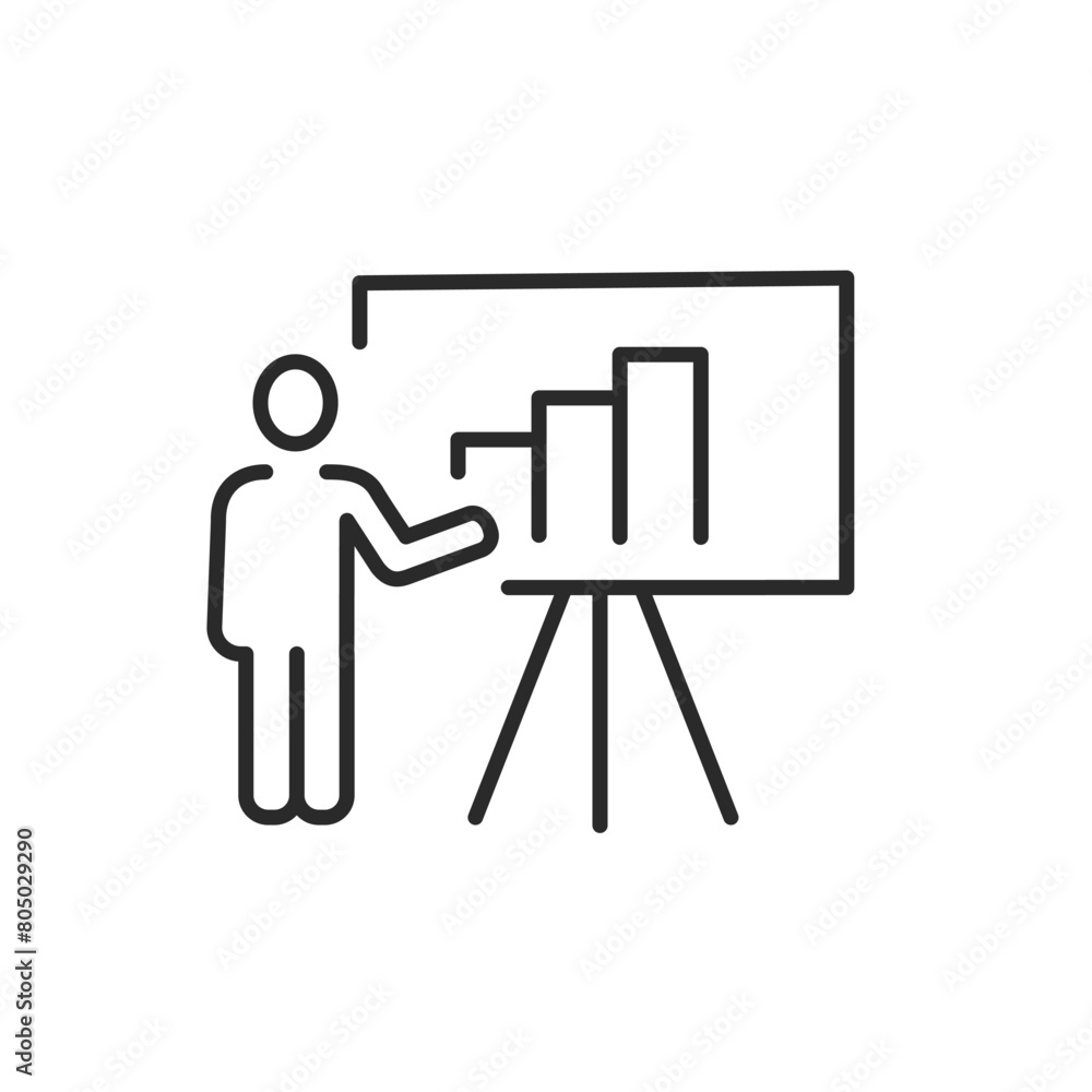 Presentation icon. Simplistic depiction of a person delivering a report or analytics with a bar chart on a projection screen, suitable for business, educational and corporate uses. Vector illustration Presentation icon. Simplistic depiction of a person delivering a report or analytics with a bar chart on a projection screen, suitable for business, educational and corporate uses. Vector illustration