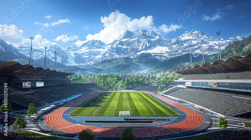 Aerial  view of stadium with snowy mountainous backdrop..  Big stadium with running tracks and stands for fans photo