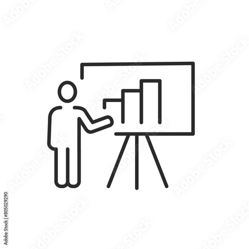 Presentation icon. Simplistic depiction of a person delivering a report or analytics with a bar chart on a projection screen, suitable for business, educational and corporate uses. Vector illustration