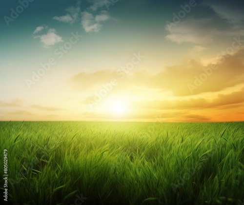 Tranquil Sunrise Over Lush Green Agricultural Field  Nature Background