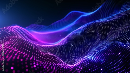 Abstract background with black gradient and blue purple glowing dots on dark wave pattern for digital technology, science or futuristic concept design banner.