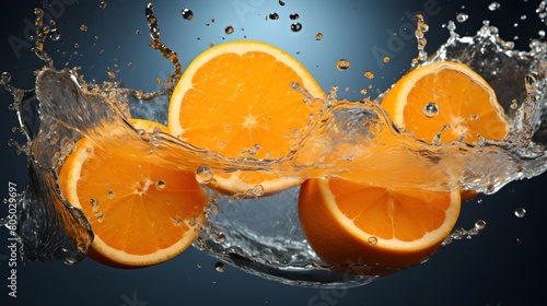 Orange wedges in a vibrant juice explosion