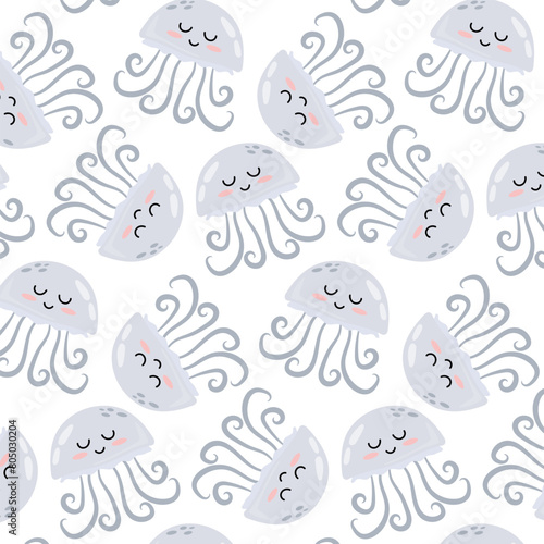 Pattern with cute cartoon gray jellyfish. Underwater animal in flat style. Kids background. Pattern for textile, wrapping paper, background. © miss LEMON