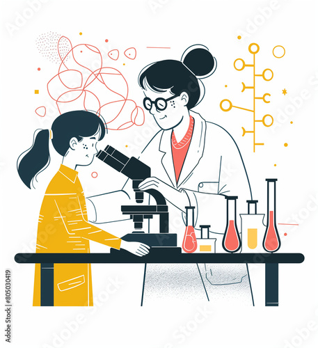 Scientist in Lab Coat Looking Through Microscope, Creative Artistic Expression for Kids with Copy Space © Olga Nevskaya