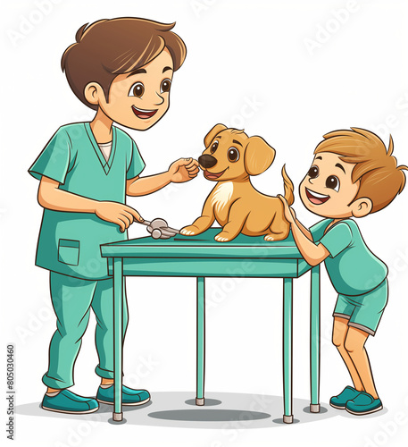 Veterinarian Treating Small Dog on Table, Compassionate Animal Care for Kids with Copy Space
