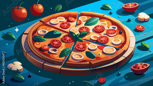 an image of a large pizza with tomatoes, onions and pepperoni on the board. The background of the image is dark and there is nothing on the background