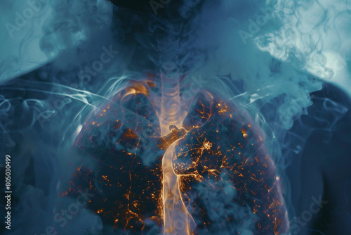 Close-up of a persons chest, with an overlay illustrating the pain and constriction of an asthma attack  photo