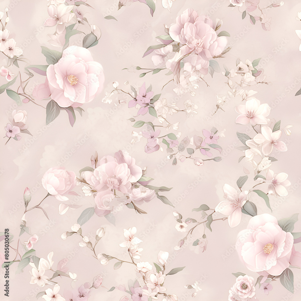 cherry blossom, pink roses, floral print, Continuous in four directions