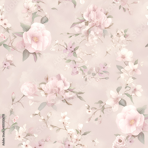 cherry blossom  pink roses  floral print  Continuous in four directions
