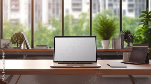 Wallpaper Mural Photorealistic empty office workplace with an open laptop mockup, Torontodigital.ca