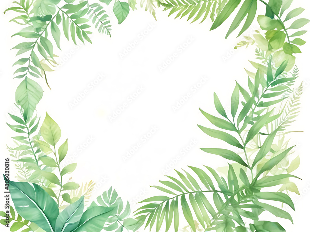 Tropical colorful photo frame with various green leaves consisting of fern, palm, chamaedorea elegans. and eucalyptus on a white background