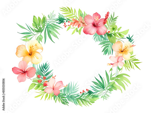 Colorful picture frames of various tropical flowers, frangipani and hibiscus, all surrounded by lush green leaves on a white background.