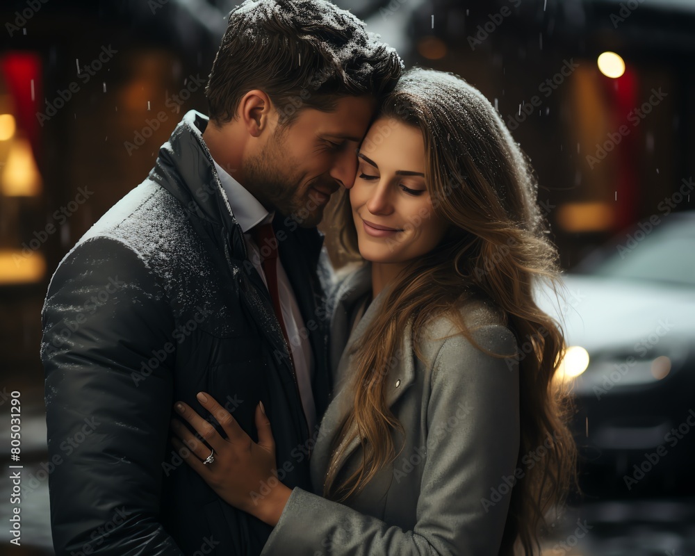 Couple embracing beside their car, having just arrived at a snowy cabin retreat Couple embracing beside their car, having just arrived at a snowy cabin retreat
