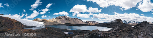 pastoruri glacier landscape with a laguna in snow covered andes in the national park Huascarán