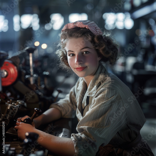 Woman Defense Worker During World War II.  Generated Image.  A digital rendering of a woman defense worker during World War II.  Rosie the Riveter.  