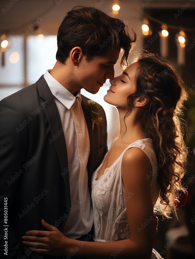 Newlyweds sharing their first kiss as a married couple in their new living room