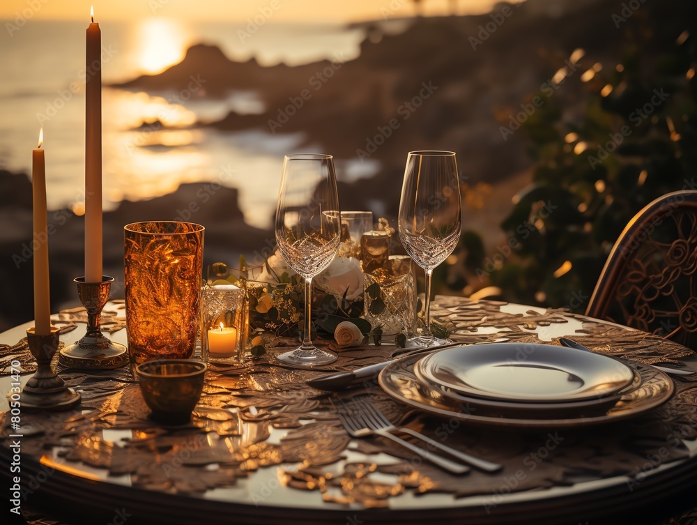 Romantic dinner set up on a cliff overlooking the ocean as the sun sets Romantic dinner set up on a cliff overlooking the ocean as the sun sets