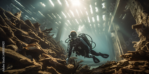 Old diving full body suit and helmet under water vacations underwater exploration vacations diving tourism
 photo