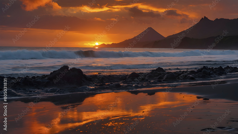 Volcanic beach at sunset.