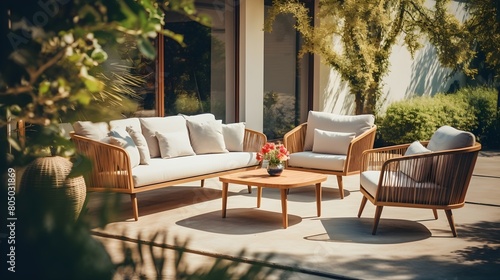 Sun-drenched patio with elegant furniture  perfect for leisurely afternoons
