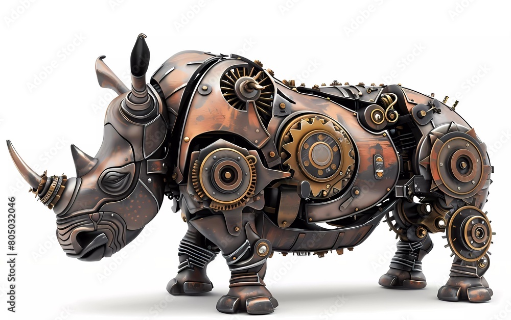 Render of a steampunk metal 3D illustration of a rhino, on a white background Render of a steampunk metal 3D illustration of a rhino, on a white background