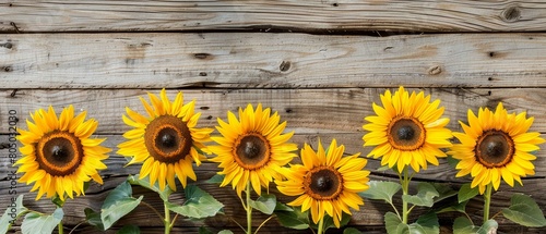 A Bright sunflowers arranged in a row on a rustic wooden plank background