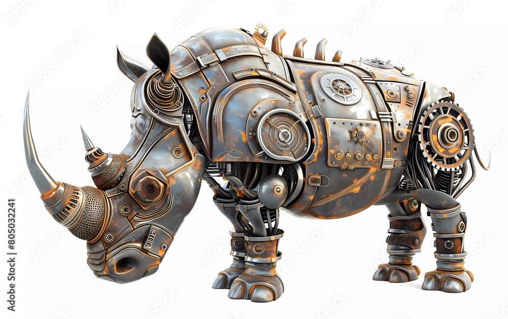 Render of a steampunk metal 3D illustration of a rhino, on a white background Render of a steampunk metal 3D illustration of a rhino, on a white background