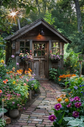 Charming garden shed surrounded by lush flowers