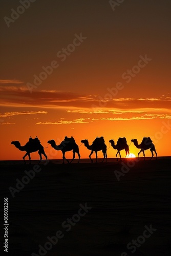 Camel silhouette caravan at dusk desert expanse