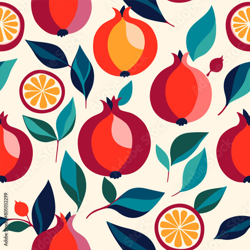 Seamless pattern. Ornament with the image of a pomegranate in a flat vector style for printing on fabric and paper.