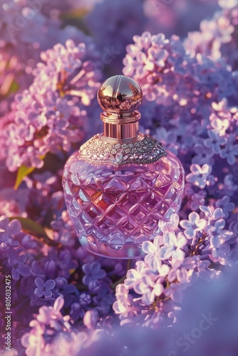 Elegant perfume bottle encircled by lilac blooms soft focus